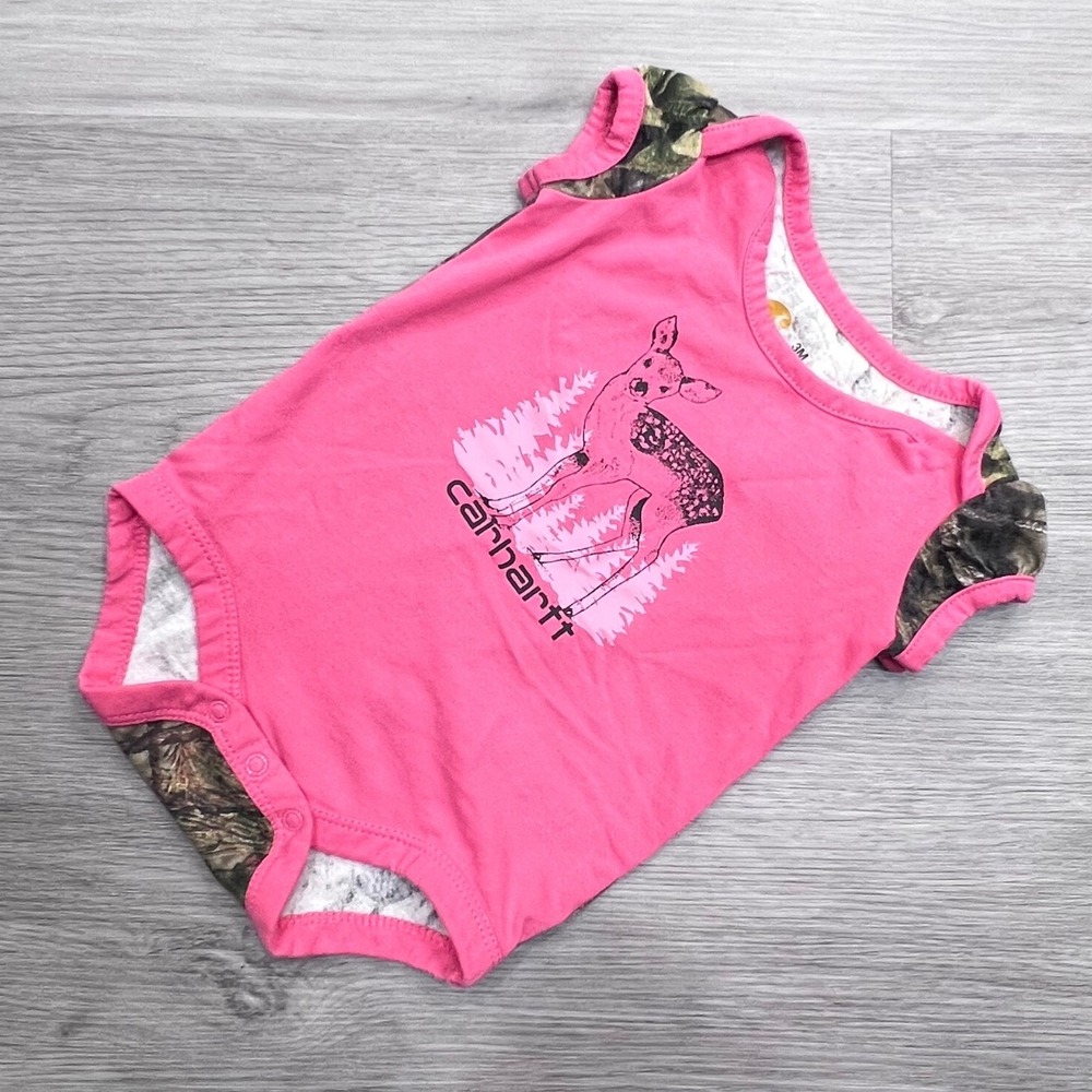 Carhartt Baby Girls Pink Deer Camo Onesie 3M Mossy Oak Short Sleeve JKT070
